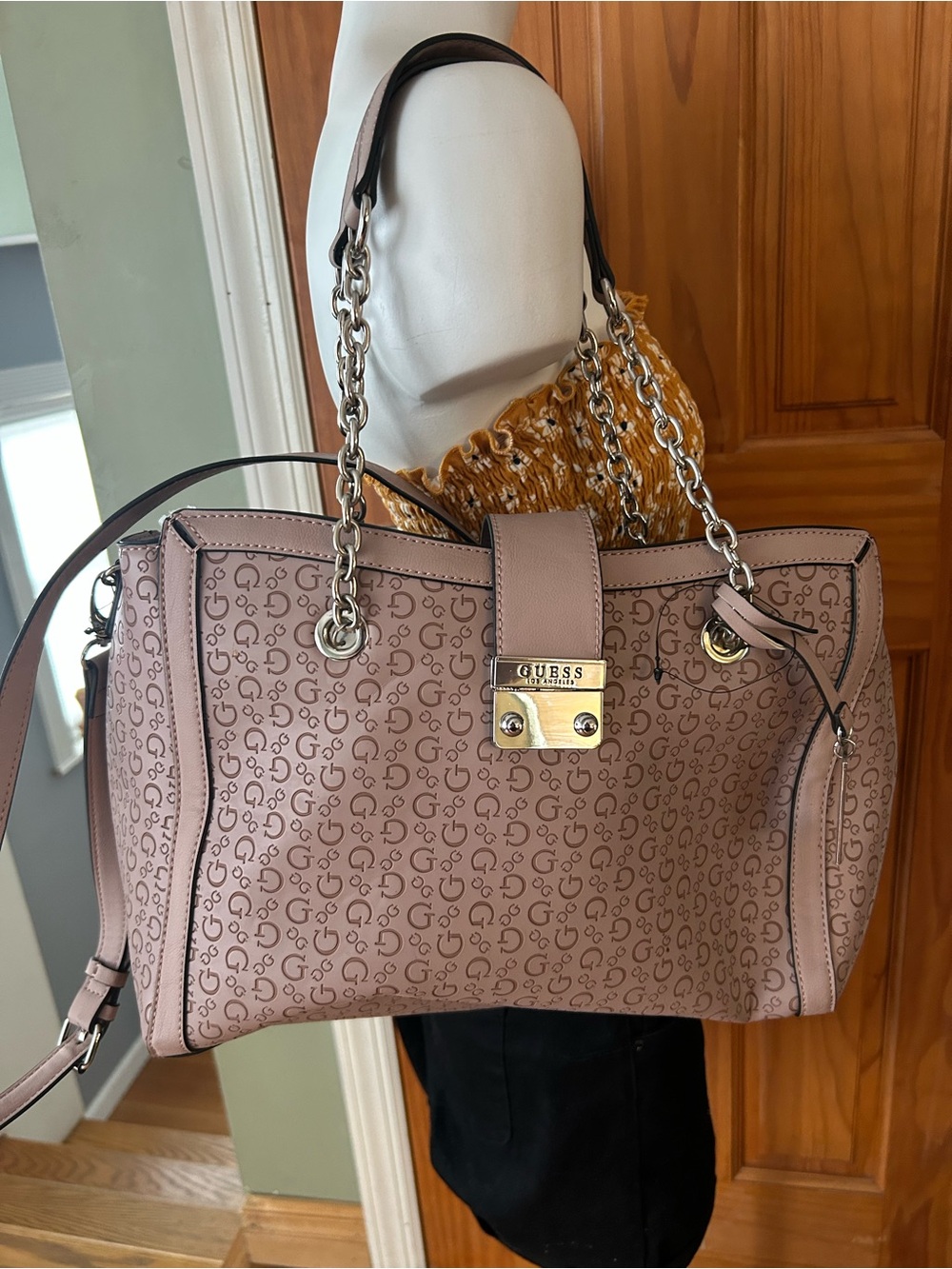 GUESS Dusty Pink Logo Tote with Silver-Tone Chain Handles
